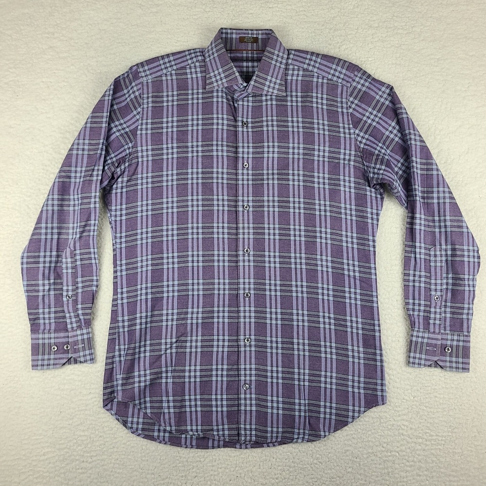 Peter Millar Shirt Mens Medium Purple Gray Plaid Cotton Flannel Dress Button Up